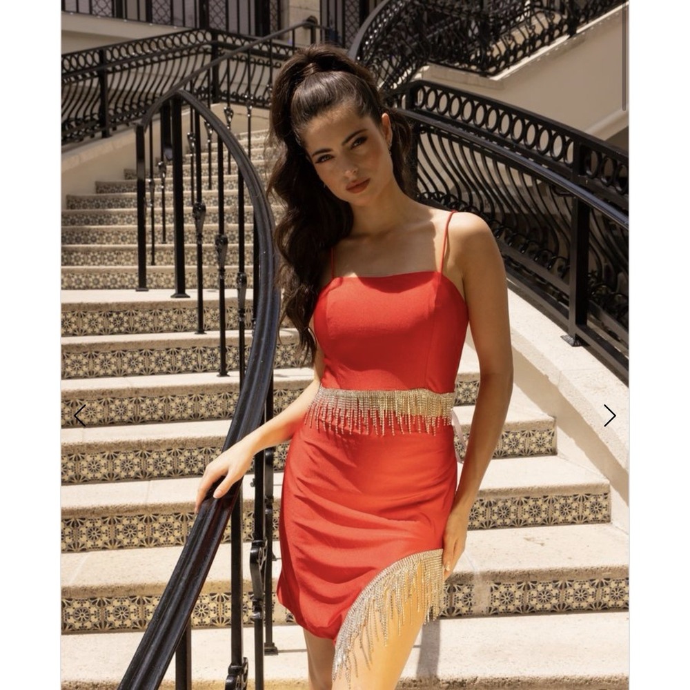 Sophia Thomas Red Bodycon Square Neck Rhinestone Fringe Knee Dress 14 8501